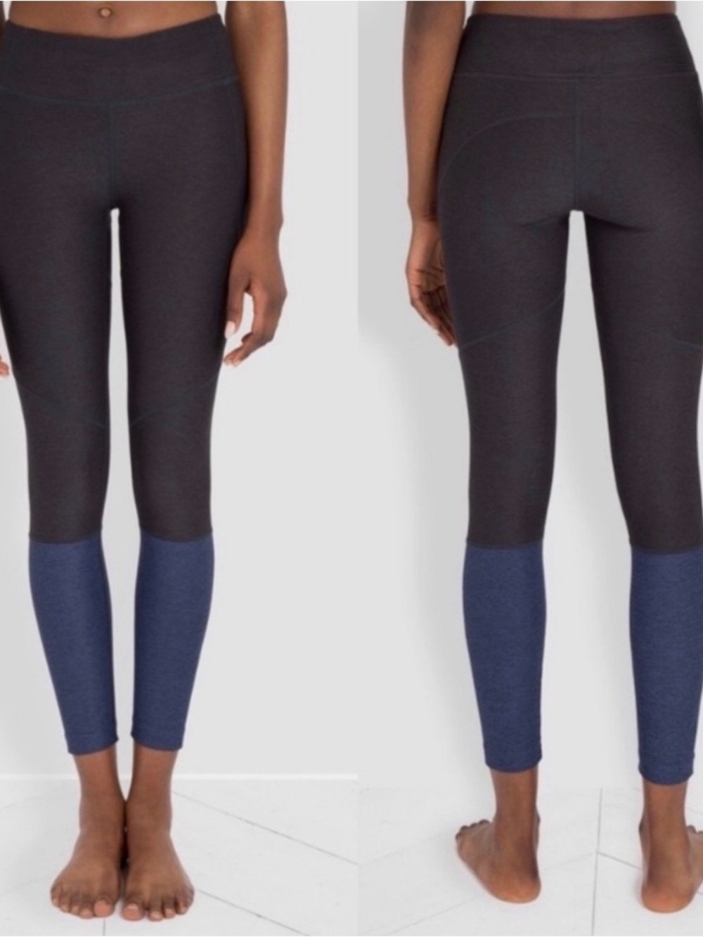 Outdoor Voices Two-Tone High-Rise Leggings in Charcoal and Navy